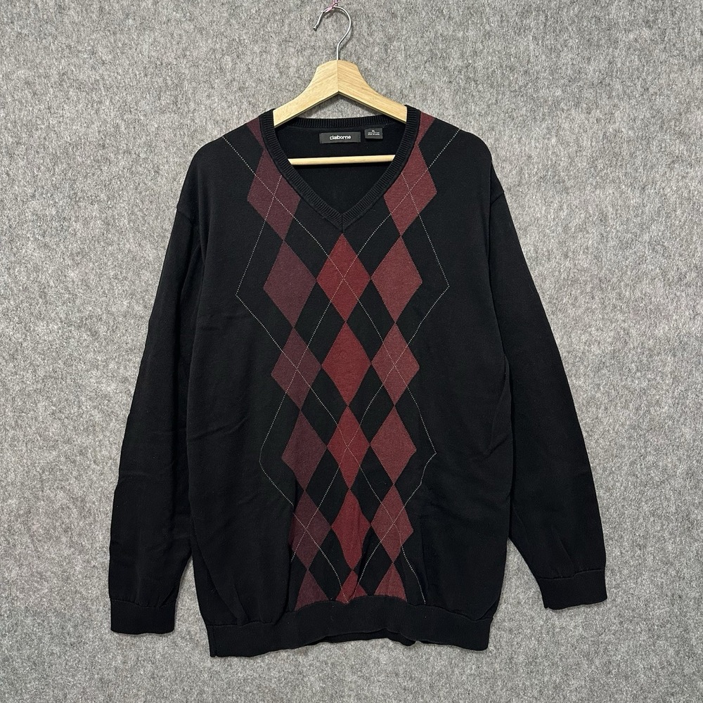 Claiborne‎ Argyle Sweater Black Red Diamond Knit V-Neck Men's XL Cotton